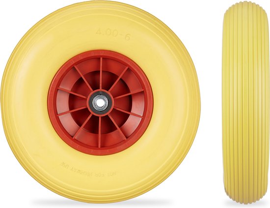 kruiwagenwiel 4.00-6 - set van 4 - massief rubber - 33 cm - anti-lek - tot 100 kg - geel-rood van Merkloos	 — afbeelding 4