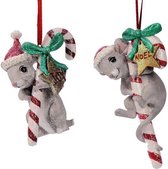 Viv! Christmas Kerstornament - Muisjes aan zuurstok - set van 2 - 9cm - grijs groen rood