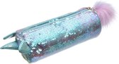 Meisjes Etui Unicorn - Blauw - Pailletten met Fluffy Bal