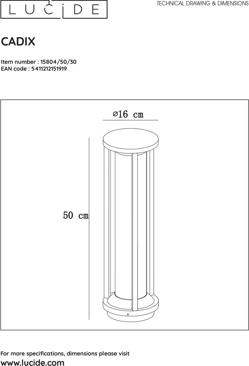Lucide Cadix - Sokkellamp - Ø 16 cm - 1xE27 - IP65 - Zwart