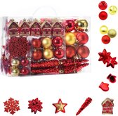 Kerstballen | Kerstdecoratie | Kerstmis | 113 Stuks | Kunststof | Rood | Goud | Kerstboomversiering | 3 Maten | 8 Vormen