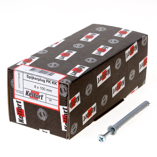 Zwarte doos Kelfort spijkerpluggen 8x100 mm, met een enkele plug ernaast.