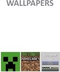 Schermafbeeldingen van Minecraft wallpapers: een Creeper gezicht, Minecraft logo en 'You died!' scherm.