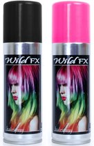 Set van 2x kleuren haarverf/haarspray van 125 ml - Zwart en Roze - Carnaval verkleed spullen