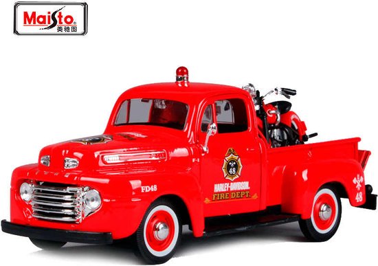 1948 Ford F1 Pick Up + 1936 El Knucklehead Harley Davidson (Rood) (20cm) 1/24 Maisto + Hot Wheels Miniatuurauto + 3 Unieke Auto Stickers!