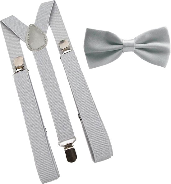 Bretels inclusief vlinderdas - Zilver - met stevige clip - bretels - vlinderdas - strik – strikje - luxe - heren - unisex - giftset - Cadeau