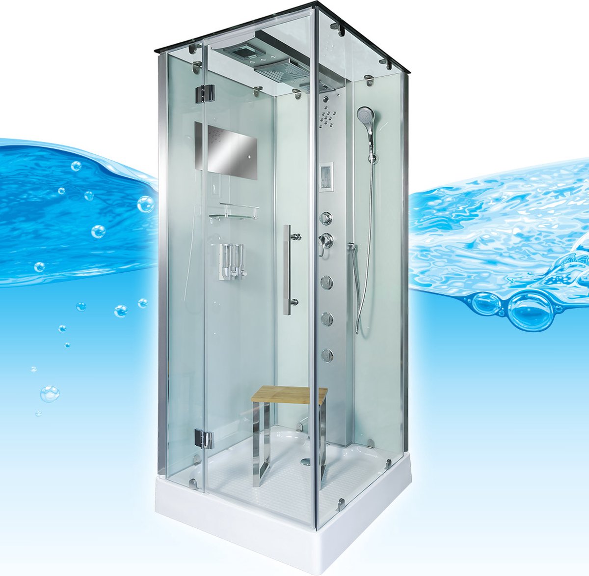 Complete Gesloten Douchecabine 90X90X215 Bargo. MENGKRAAN. Luxe, Kit-Vrij, Wit, Veiligheidsglas, LED, Radio, Speakers, Massage, Hoekmodel, Vierkant, Scharnierdeur, Douchebak, Afvoer, Sifon, Verschillende Modellen, Full Options. Royal Sanitair