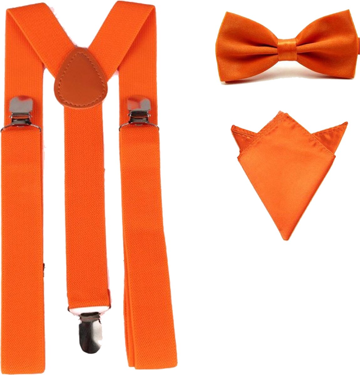 Bretels inclusief vlinderdas en pochette - Oranje - met stevige clip - bretels - vlinderdas – strik – strikje – pochet - luxe - unisex - heren - giftset - Koningsdag