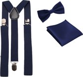 Bretels inclusief vlinderdas en pochette - Donkerblauw - met stevige clip - bretels - vlinderdas – strik – strikje – pochet - luxe - unisex - heren - giftset