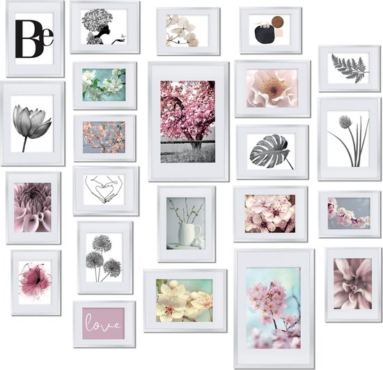 bomoe Blossom – Fotolijst Collage – Set van 24 Fotolijstje 10x 10,5x15cm / 8x 13x18cm / 4x 15x20cm / 2x 20x30 – Kunststof Wit