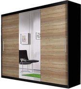 InspireMe- Zweefdeurkast Kledingkast met Spiegel Garderobekast met planken en kledingstang - 233x61x218 cm (BxDxH) -ALFA (Zwart+Sonoma)