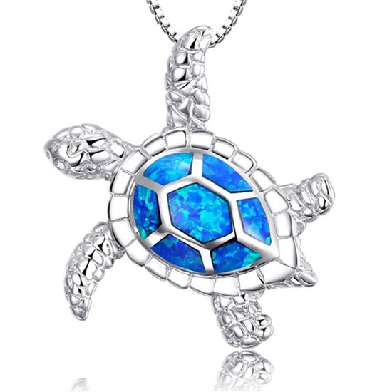 Bixorp Zeeschildpad Ketting Zilverkleurig met prachtige Blauwe Details op Schild - Schildpad ketting