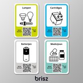 Brisz mini afvalstickers met afbeelding set van 4 mini afval stickers - Scan de QR code, leer en weet meer per afvalstroom - Recycle stickers - Batterijen | Cartridges | Lampen | Medicijnen