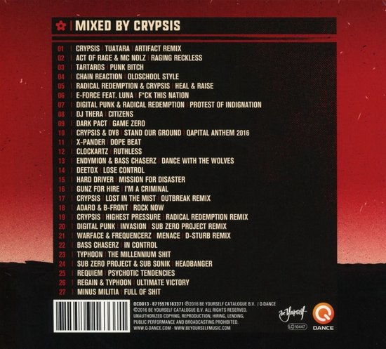 Achterkant van de "Mixed by Crypsis" CD "Qapital", met de tracklist en barcodes.
