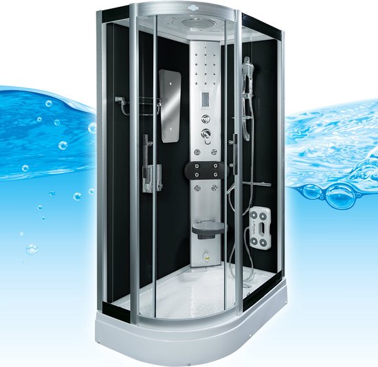 Stoomcabine 120X80X215 Fiona. Luxe Stoomdouche, MENGKRAAN, LINKS, Kit-Vrij, Zwart, Veiligheidsglas, LED, Radio, Speakers, Zitje, Massage, Hoekmodel, Kwartrond, Schuifdeuren, Douchebak, Afvoer, Sifon, A Kwaliteit, Full Options. Royal Sanitair