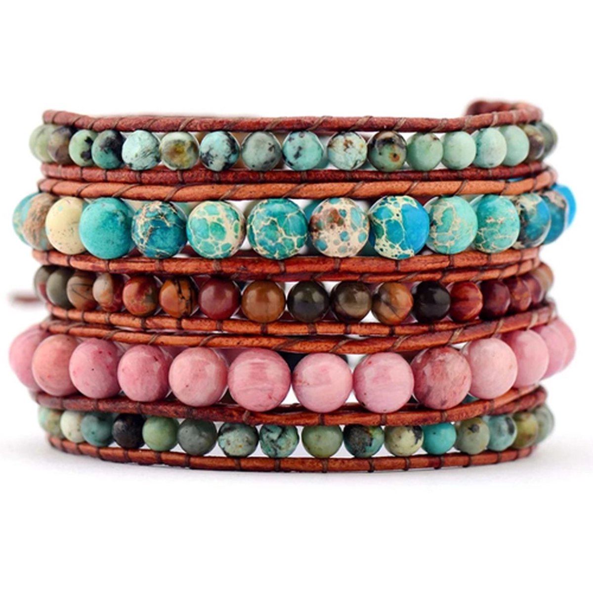 Marama - wikkel armband Coral Reef - bruin leer - edelsteen jaspis en labradoriet