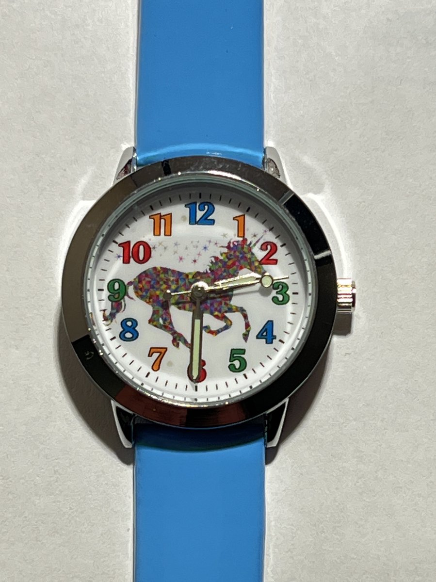 Kinder horloge blauw met paarden afbeelding en leer bandje