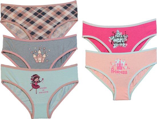 VANILLE – Sous-vêtements fille, slip fille – Lot de 5 - Coton égyptien – Rose, Blauw, Grijs – 10 à 12 ans – Bi4576