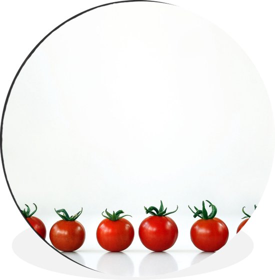 WallCircle - Wandcirkel - Muurcirkel - Kleine tomaten op een rij met een witte achtergrond - Aluminium - Dibond - ⌀ 90 cm - Binnen en Buiten