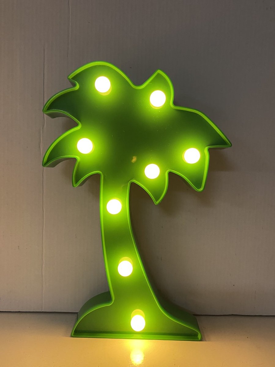 LED Palmboom lamp met 8 led lampjes - Groen - 25.5 x 17 x 2.5 cm - warm wit licht - Staand of wandmodel - IMPULS
