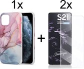 Samsung S21 Ultra Hoesje - Samsung Galaxy S21 Ultra Hoesje Marmer Roze/Blauw Siliconen Case - 2x Samsung S21 Ultra Screenprotector UV