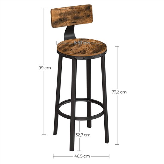 Barkruk, 2-delige set barstoelen, keukenstoelen met stevig metalen frame, zithoogte 73,2 cm, eenvoudige montage, industrieel design, vintage bruin-zwart HMLBC026B01