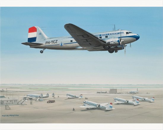 Thijs Postma - TP Aviation Art - Poster - Douglas DC-3 KLM Laag Over Schiphol - 40x50cm