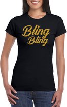 Bling bling t-shirt zwart met gouden glitter tekst dames - Glitter en Glamour goud party kleding shirt XS