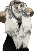 Dames lange dunne sjaal met paisleyprint wit/zwart