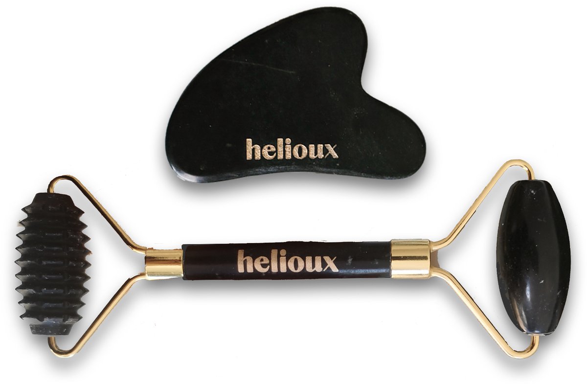 Helioux® Facial Spa Set - Black Obsidian Gua Sha & Facial Roller - Gezichtsroller - Massage - Jade Roller - Gua Sha Schraper