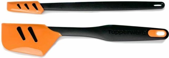 Set de spatules Tupperware orange avec des poignées noires. Les deux spatules ont des fentes.