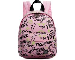 SALE: YLX Hemlock rugzak (S) / rugtas voor kinderen (meisje). Licht roze met street art en tijgers. Glow in the dark. gerecyclede plastic flessen. Eco-vriendelijk. Peuters - kleuters - kinderdagverblijf. Te klein voor Belgie, lees omschrijving.