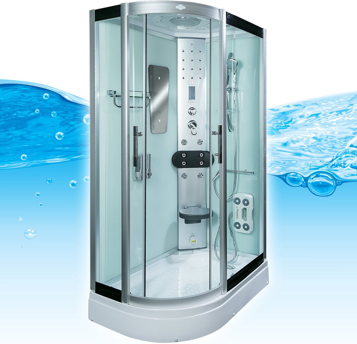 Stoomcabine 120X80X215 Palma. Luxe Stoomdouche, MENGKRAAN, LINKS, Kit-Vrij, Wit, Veiligheidsglas, LED, Radio, Speakers, Zitje, Massage, Hoekmodel, Kwartrond, Schuifdeuren, Douchebak, Afvoer, Sifon, A Kwaliteit, Full Options. Royal Sanitair
