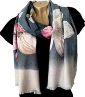 Lange Warme Dames Sjaal - Bloemenprint - Blauw - Khaki - 180 x 70 cm (18-4)