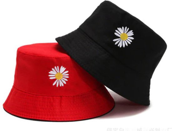Bucket hat - Bloem - Rood - Zwart - 2 in 1 - Zonnehoedje - Omkeerbaar