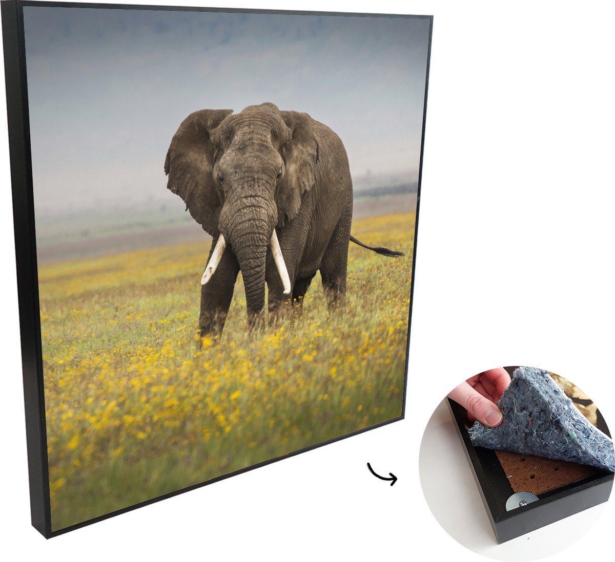 Akoestische Panelen - Geluidsisolatie - Akoestisch Wandpaneel - Wanddecoratie - Schilderij - 90x90 cm - Grazende olifant in een grasveld met bloemen - Geluidsdemper - Isolatie platen - Studio Schuim