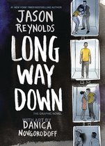 Boek "Long Way Down" van Jason Reynolds. Titel in grote witte letters, met illustraties van mensen in vierkante ruimtes.
