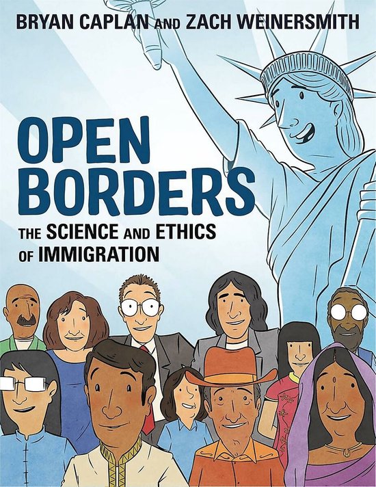 Couverture du livre 'Open Borders: The Science and Ethics of Immigration' avec des illustrations de la Statue de la Liberté et des personnes diverses.