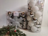 Deluxe kerstballenset Wit en Zilver: 48 delig inclusief Boomtop Ster Wit - Glanzend,mat,glitter Verschillende formaten