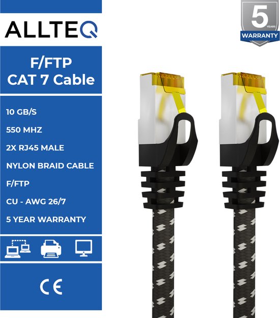 Cat 7 | F/ FTP | Câble réseau | Cordon de brassage | Blindé | Gaine tressée en nylon | 10 Gbit / s | 2 mètres | Noir | Allteq