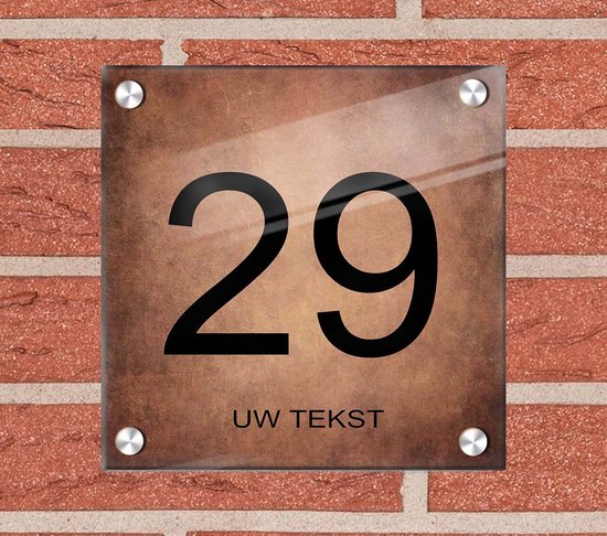 Bronzen huisnummerbord van 20x20cm met het nummer 29 en 'UW TEKST' onderaan.