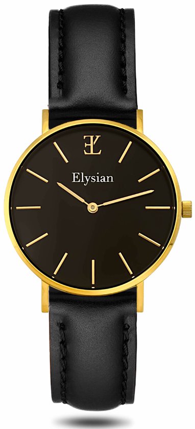 Montres Elysian pour Femme - Or - Cuir Zwart - Acier Inoxydable - Étanche 3 Bar - Ø 36mm - Montre Femme - Cadeau pour Femme