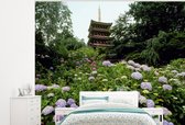 Behang - Fotobehang Japanse tuin met hortensia - Breedte 275 cm x hoogte 220 cm