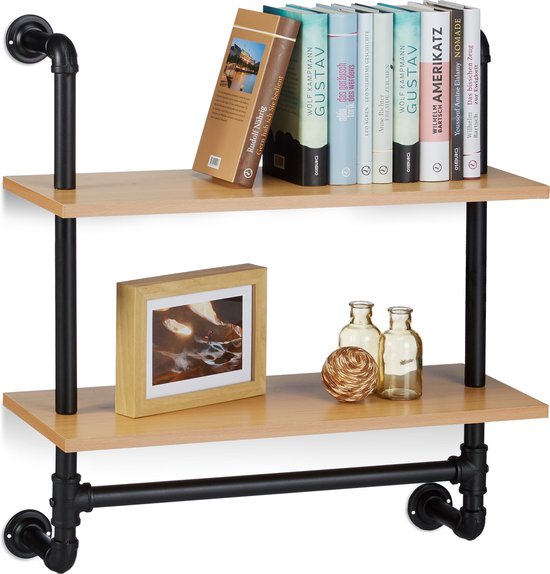 relaxdays boekenplank industrieel 2 etages - keukenrek retro - wandrek - hangend rek hout