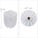 Afmetingen van een witte toiletborstelkop: hoogte 9 cm, diameter 7 cm, schroefdraad 12 mm.