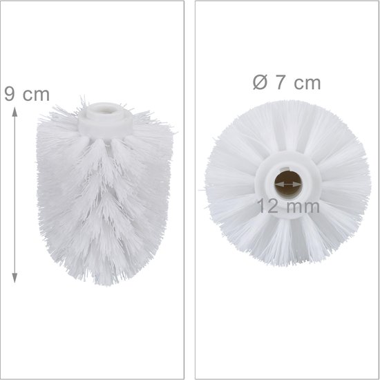 Afmetingen van een witte toiletborstelkop: hoogte 9 cm, diameter 7 cm, schroefdraad 12 mm.