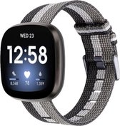 Nylon Smartwatch bandje - Geschikt voor  Fitbit Sense geweven nylon gesp band - zwart-wit-grijs - Maat: L - Strap-it Horlogeband / Polsband / Armband