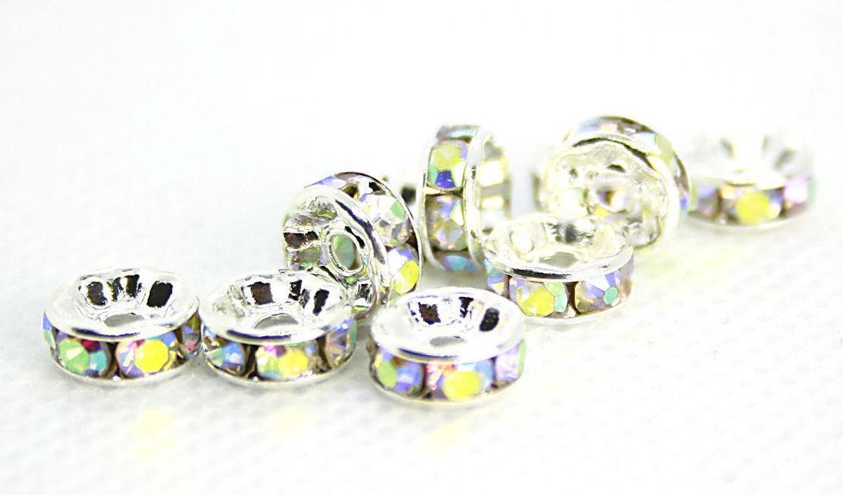LunaLady Rhinestone spacer beads, zilver met multi color rhinstones, 8x3,5 mm. 20 stuks