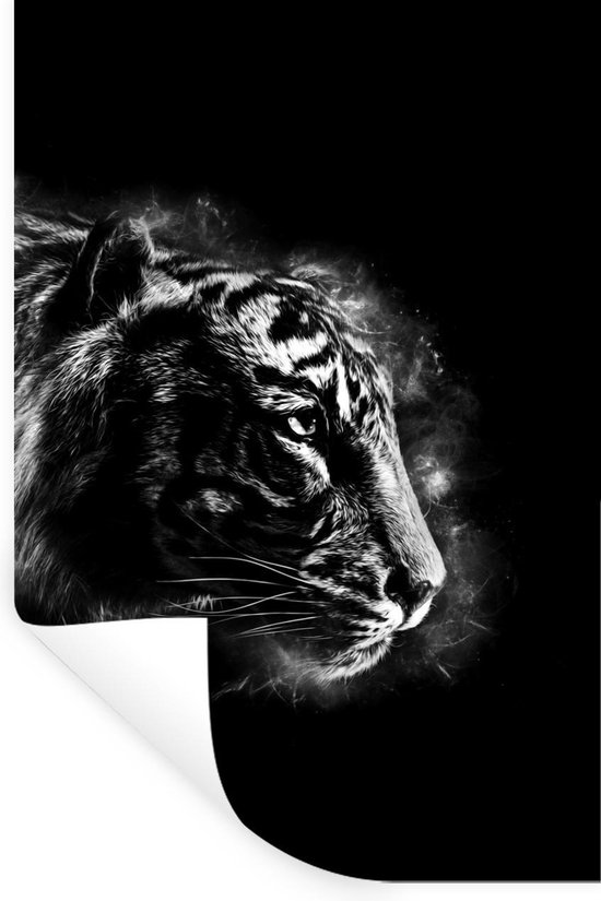 Muurstickers - Sticker Folie - Magisch beeld met de kop van een tijger op een zwarte achtergrond - zwart wit - 80x120 cm - Plakfolie - Muurstickers Kinderkamer - Zelfklevend Behang - Zelfklevend behangpapier - Stickerfolie