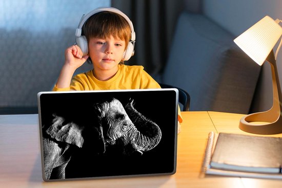 Sticker pour ordinateur portable - 10,1 pouces - Éléphant avec sa trompe relevée sur fond noir - noir et blanc - 25x18cm - Autocollants pour ordinateur portable - Skin pour ordinateur portable - Housse